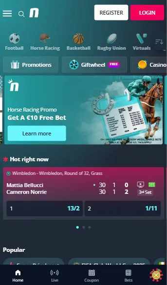 Schermata della homepage mobile di Novibet che mostra l accesso alla sezione cassa