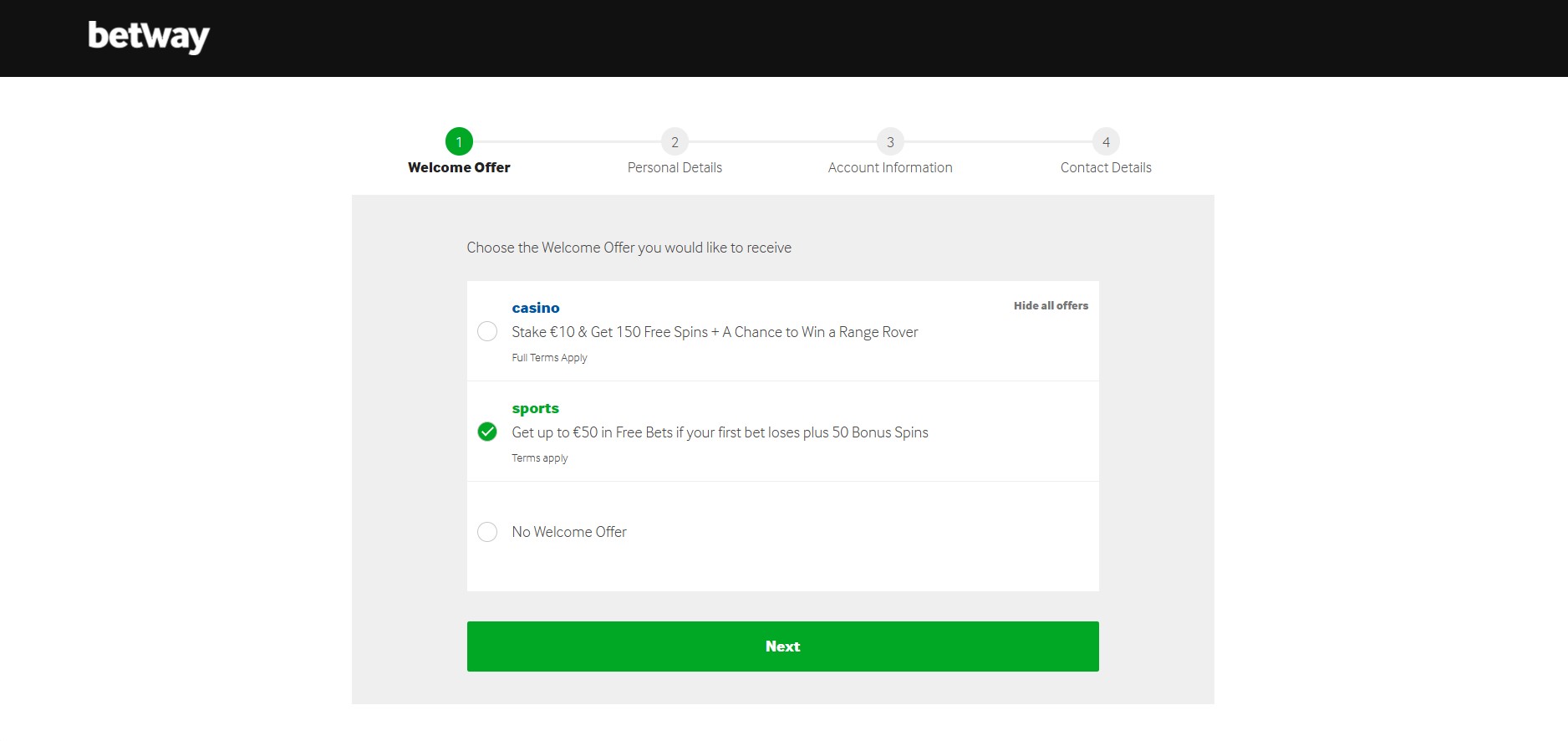 Step 2 Betway Register