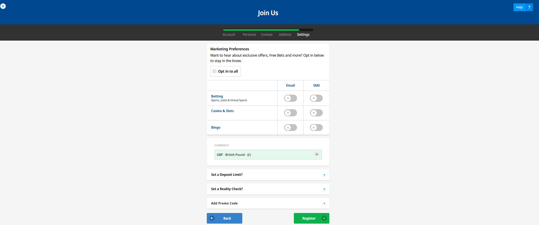 Step 5 login betfred