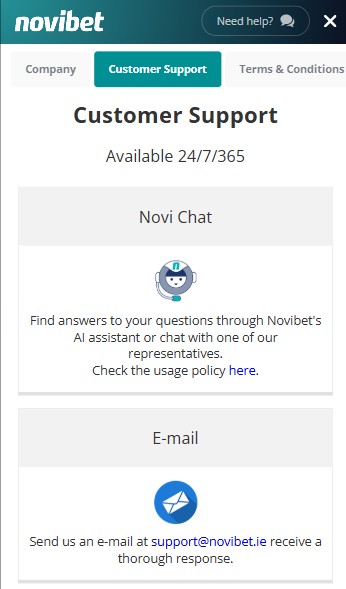 Customer Support Novibet Ireland