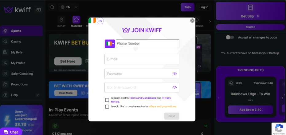Kwiff Ireland registration step two