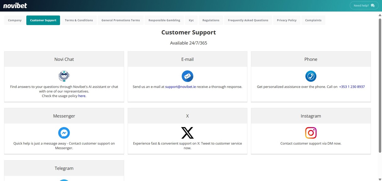 Novibet Customer Support Ireland
