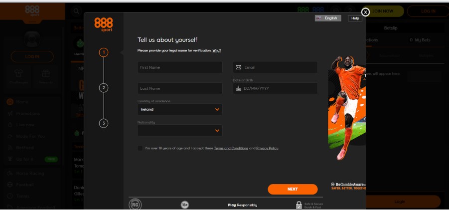 888sport Registration Ireland Step2