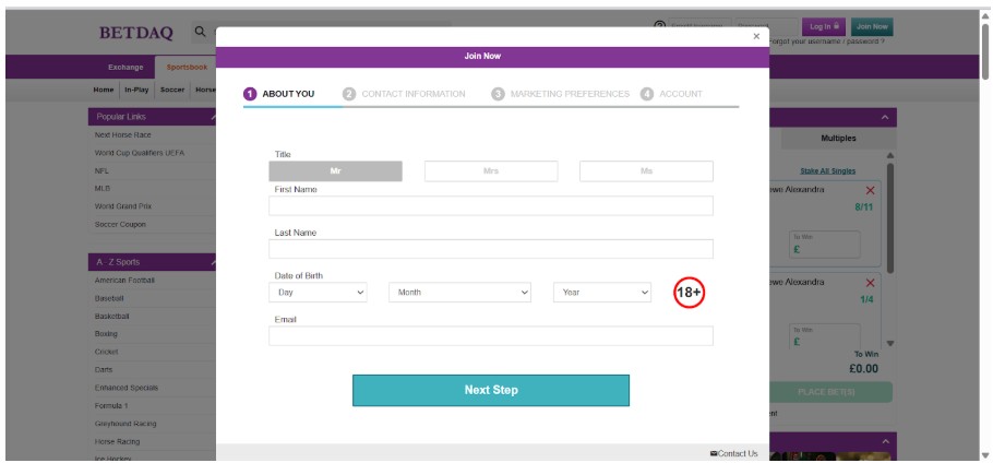 Betdaq Ireland Sports Registration Step2