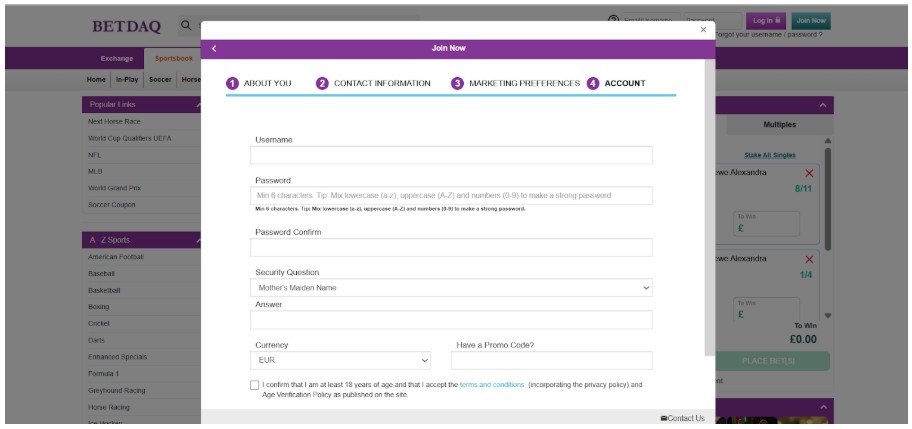 Betdaq Ireland Sports Registration Step4