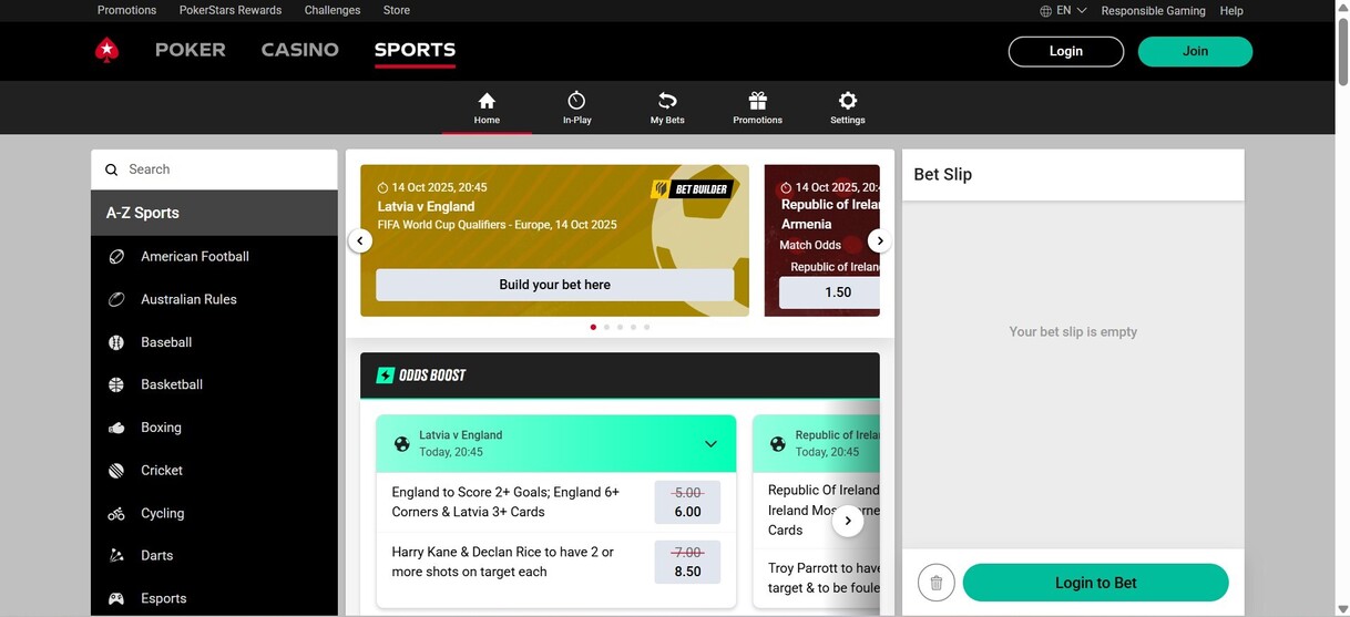 Pokerstars Ireland Sports Homepae