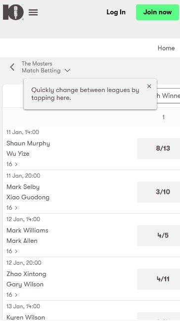 10bet Snooker Betting Ireland