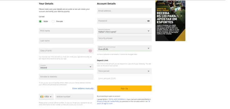 Betfail Ireland Registration Step2