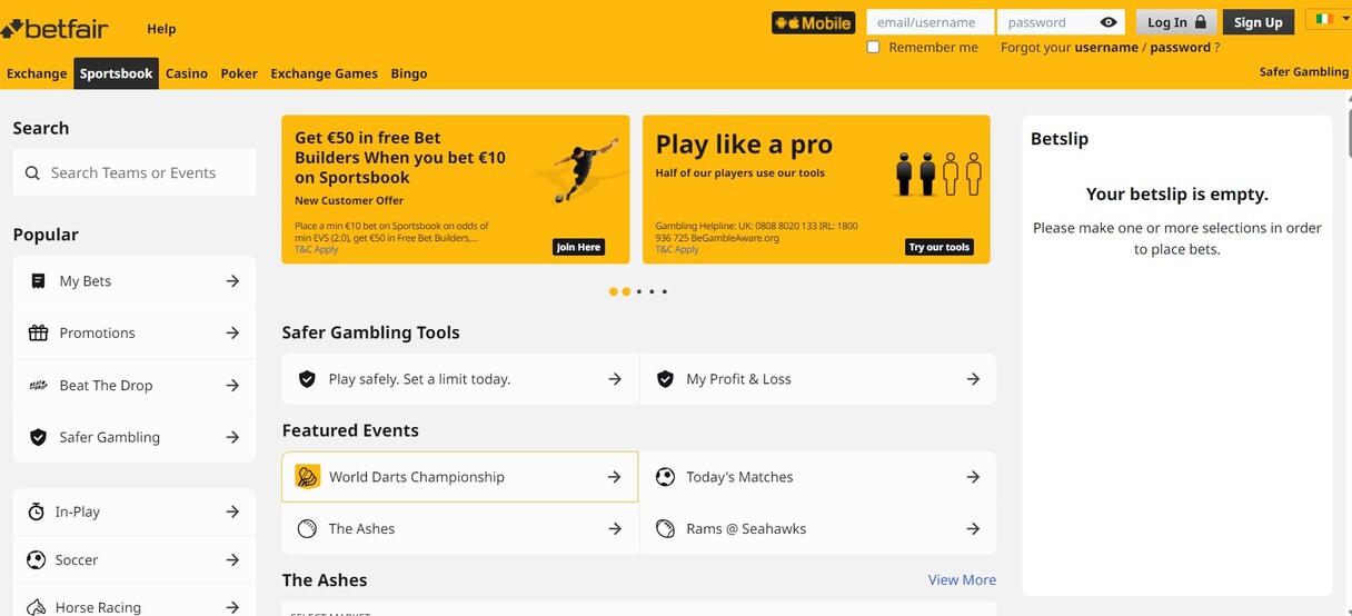 Betfair Ireland Sportsbook Homepage pc