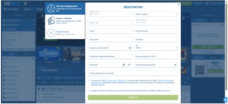 1xBet Ireland Registration Step2