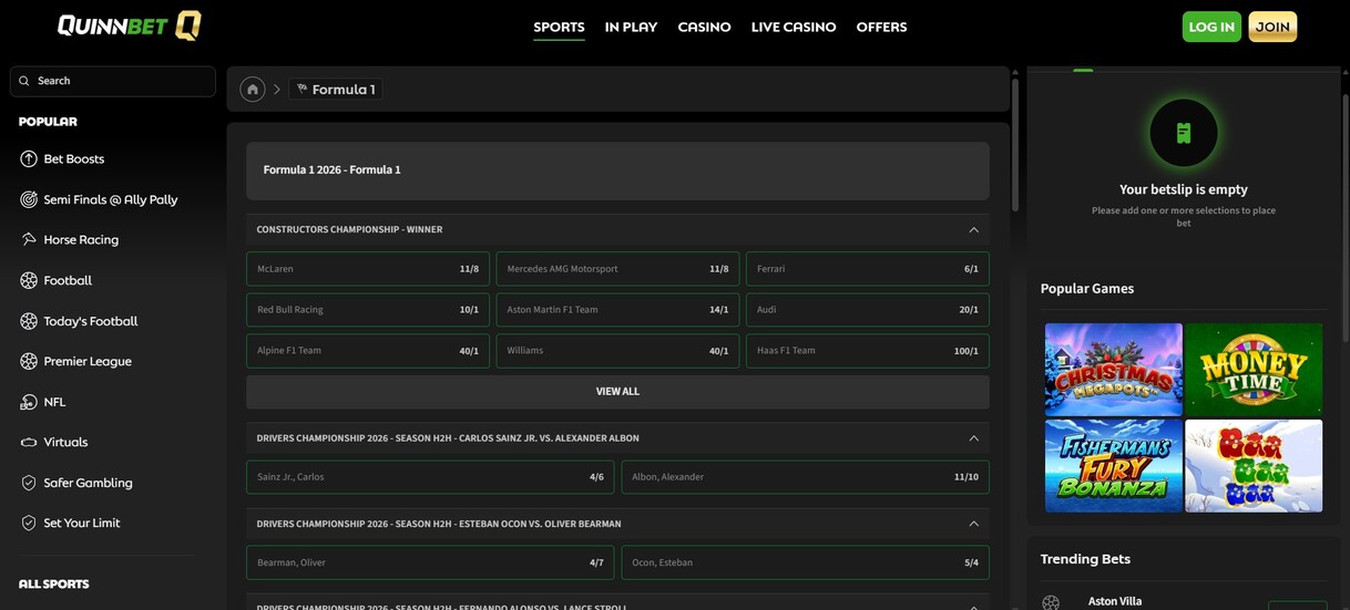 Quinnbet Ireland Formula1 betting pc