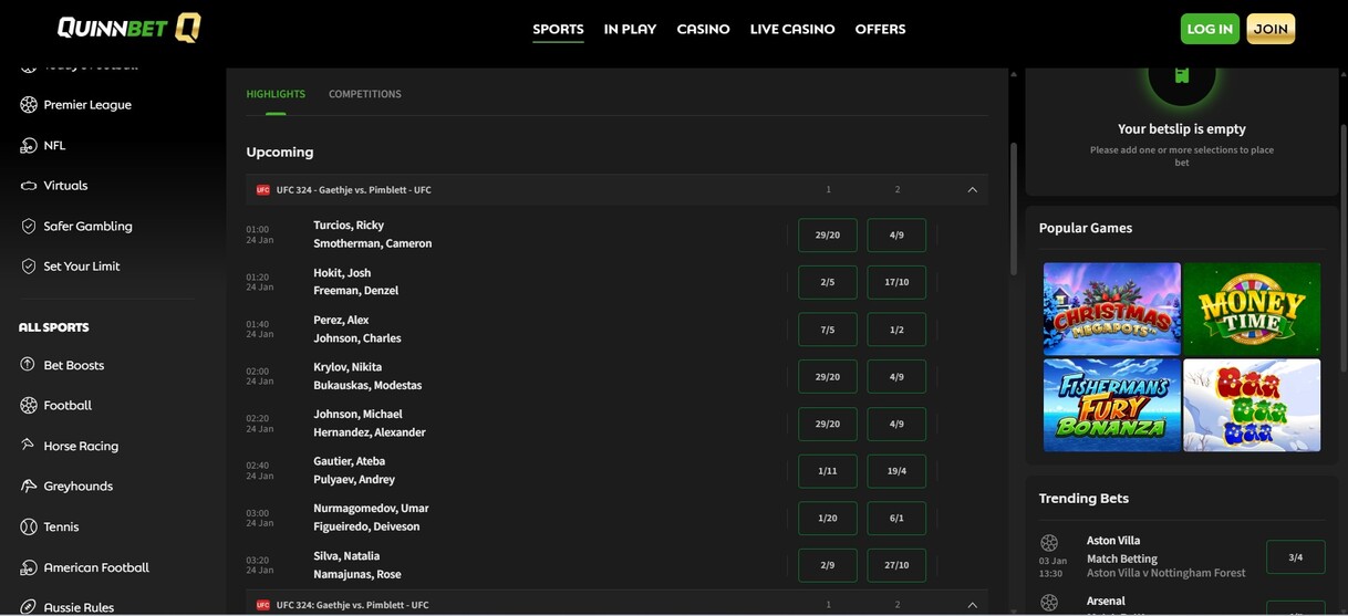 Quinnbet Ireland UFC betting pc