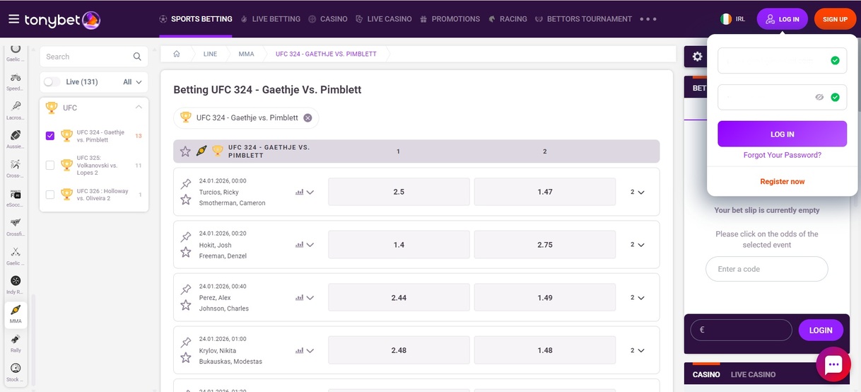 Tonybet Ireland UFC betting pc