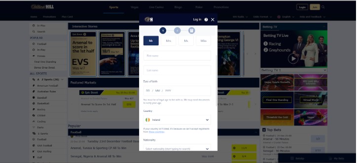 William Hill Ireland Registration Step2
