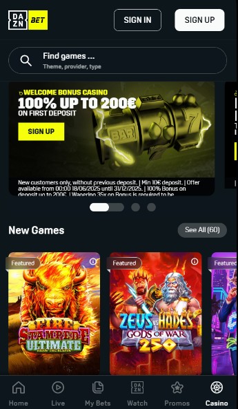 DaznBet Casino Homepage Ireland