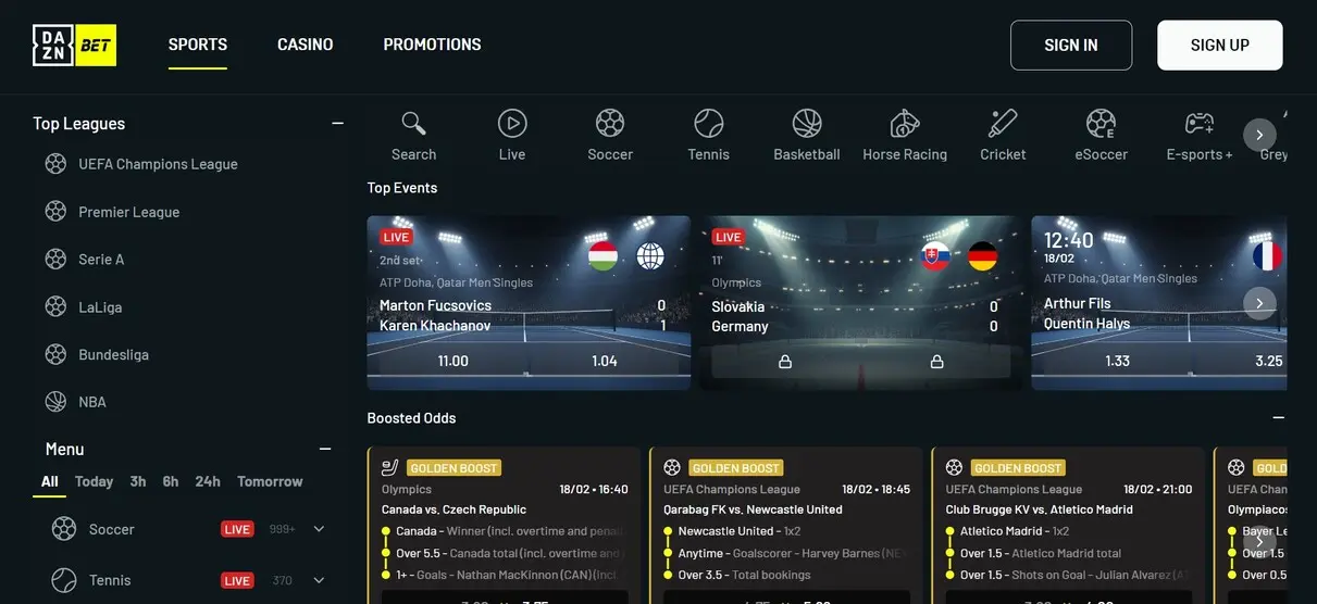 Schermata homepage dell'app DAZNbet che mostra scommesse live e casino