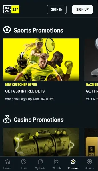 Schermata delle promozioni sportive su Daznbet che mostra diverse offerte bonus