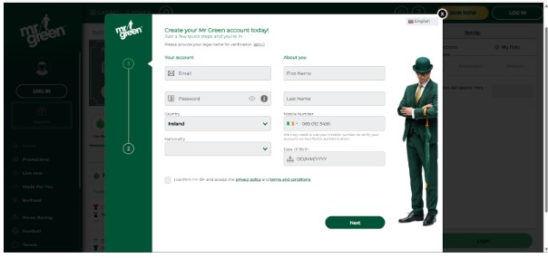 Mr green Ireland Registration Step2