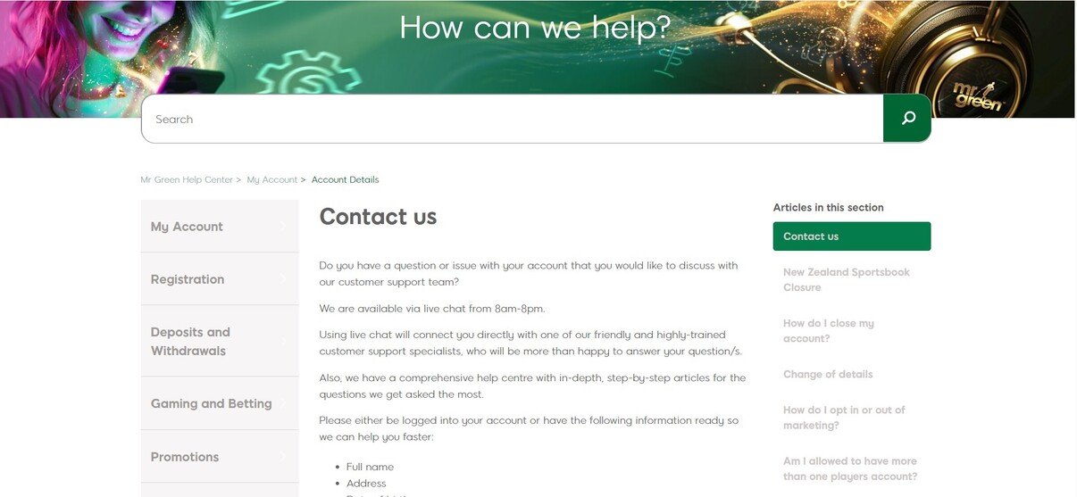 Mr green Sports Customer Support Ireland pc