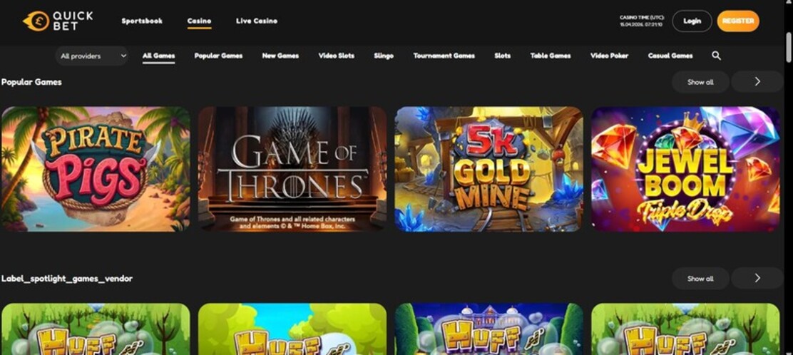 Quickbet Casino Ireland Homepage pc