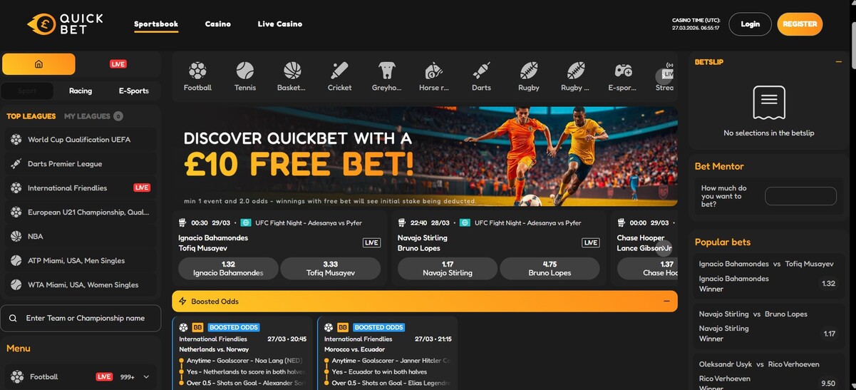 Quickbet Sportsbook Homepage Irelande pc