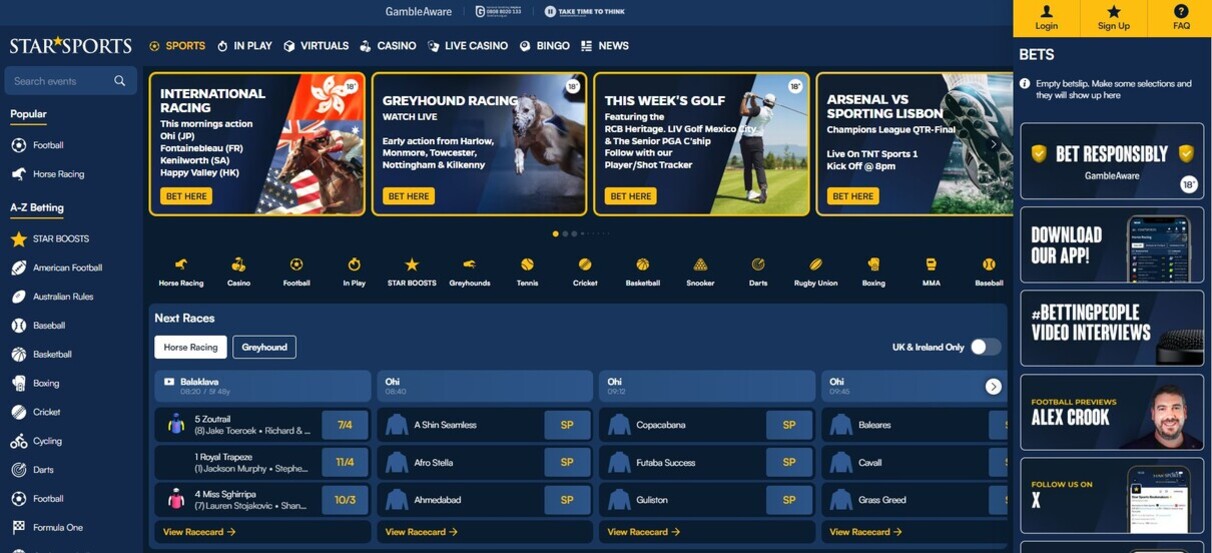 Starsports Sportsbook Ireland Homepage pc