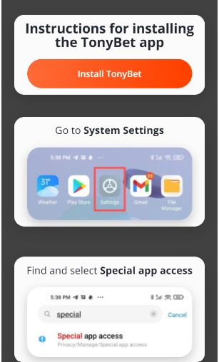 Instaling Tonybet App Ireland Step1
