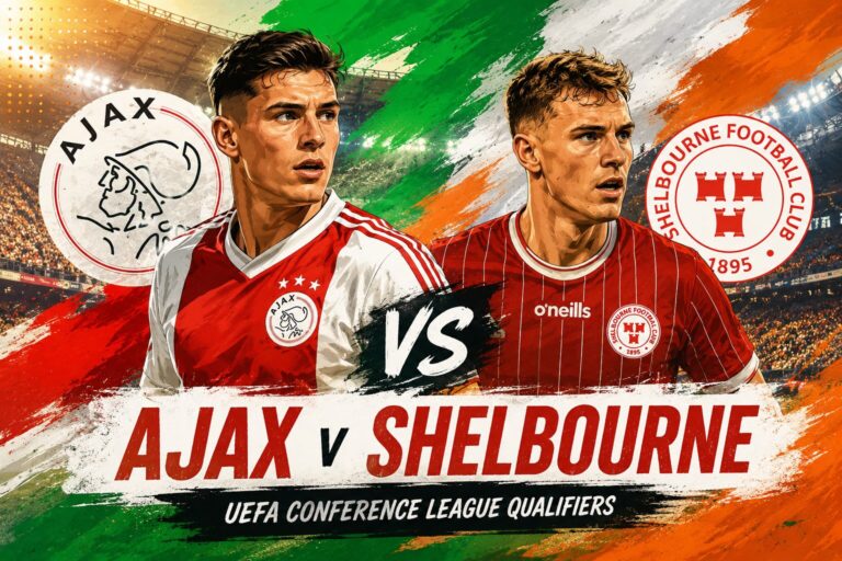 Ajax v Shelbourne UEFA Conference League Third Qualifying Round preview graphic featuring illustrated players from Ajax and Shelbourne with a football stadium background.
