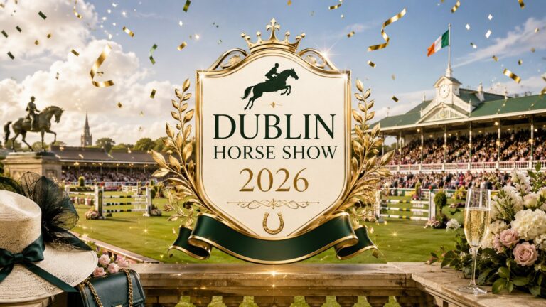 Dublin Horse Show 2026 crest with gold details, confetti and sparkles, set against a show jumping arena and grandstand in Dublin.