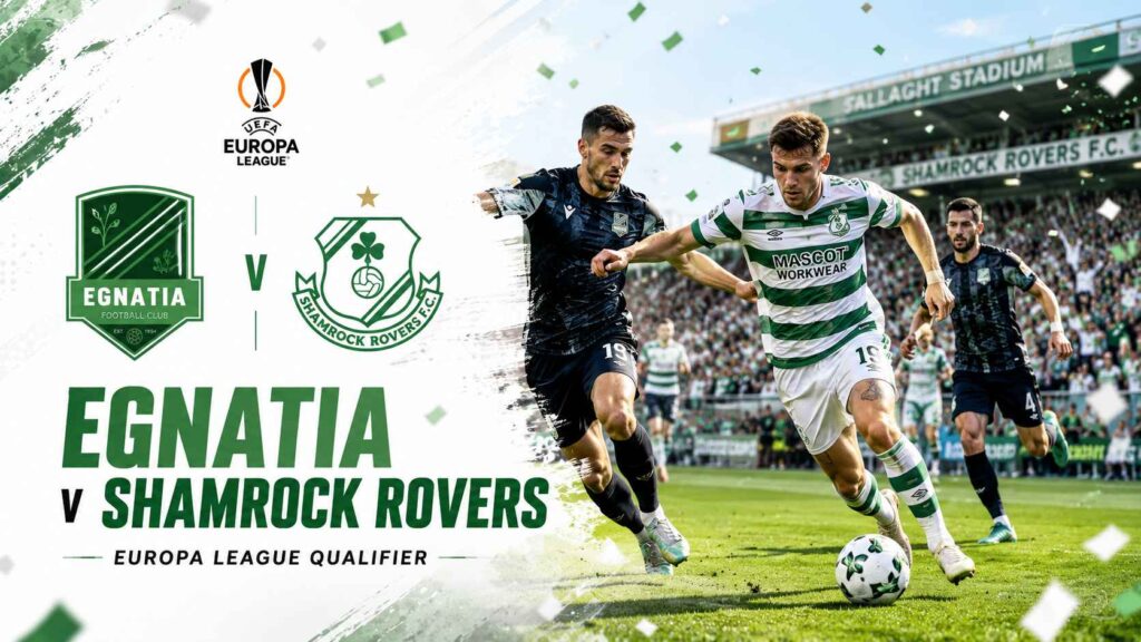 Egnatia v Shamrock Rovers Europa League qualifier graphic showing match action, both club crests and a packed football stadium.