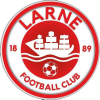 Logo of Larne football team in red and white with a boat football club 1889