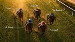 Aerial view of five racehorses on a turf track