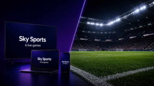 Promotional split-screen graphic showing a TV