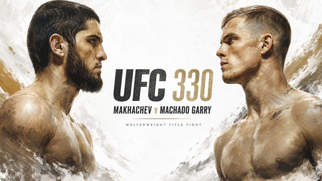 Promotional image for UFC 330 showing Islam Makhachev and Ian Machado Garry facing each other in profile, painted in a classical oil style on a mostly white background, with the text “UFC 330”, “Makhachev v Machado Garry” and “Welterweight Title Fight” in the centre.