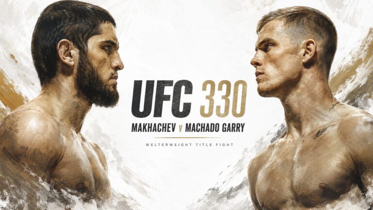 Promotional image for UFC 330 showing Islam Makhachev and Ian Machado Garry facing each other in profile, painted in a classical oil style on a mostly white background, with the text “UFC 330”, “Makhachev v Machado Garry” and “Welterweight Title Fight” in the centre.