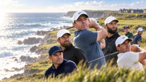 Leading golfers at a coastal links course in Doonbeg