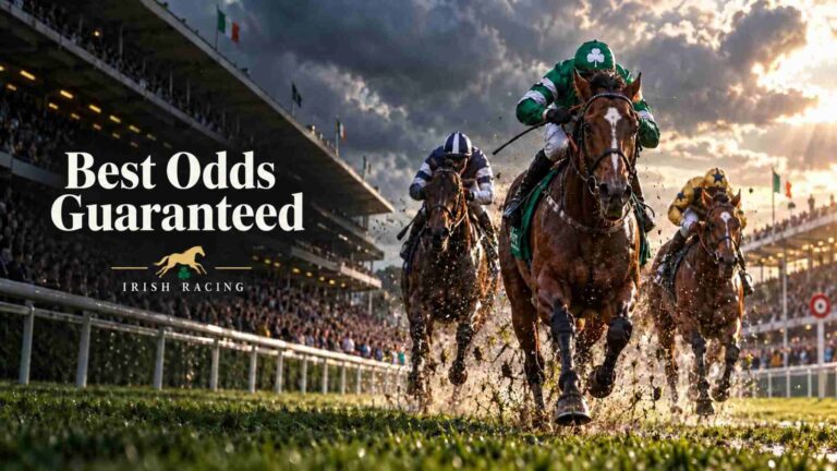 Three racehorses at an Irish racecourse.