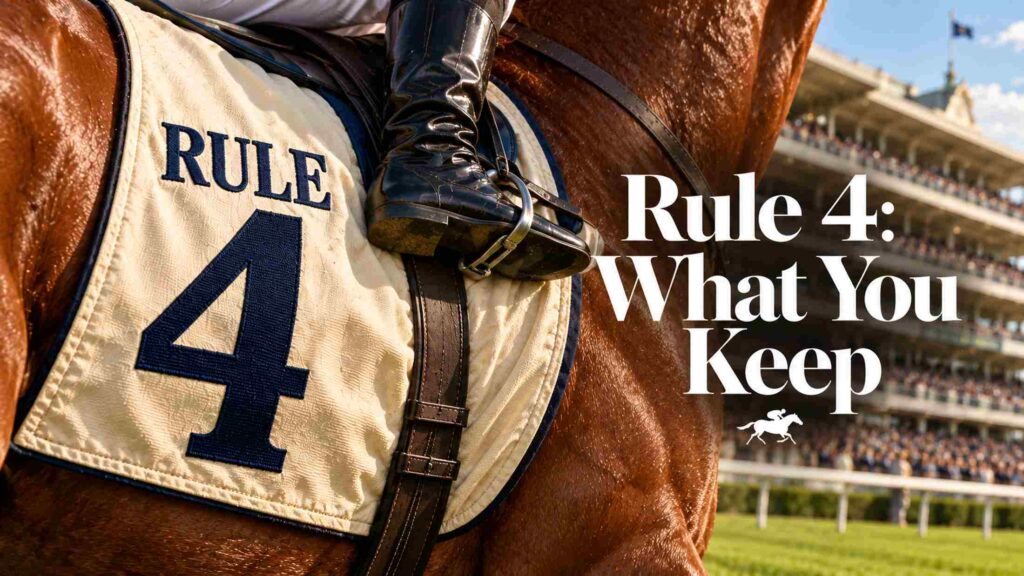 Close-up of a horse’s saddlecloth “Rule 4: What You Keep”