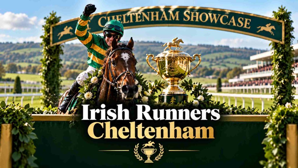 Racehorse and jockey at Cheltenham Racecourse.