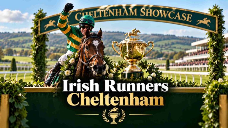 Racehorse and jockey at Cheltenham Racecourse.
